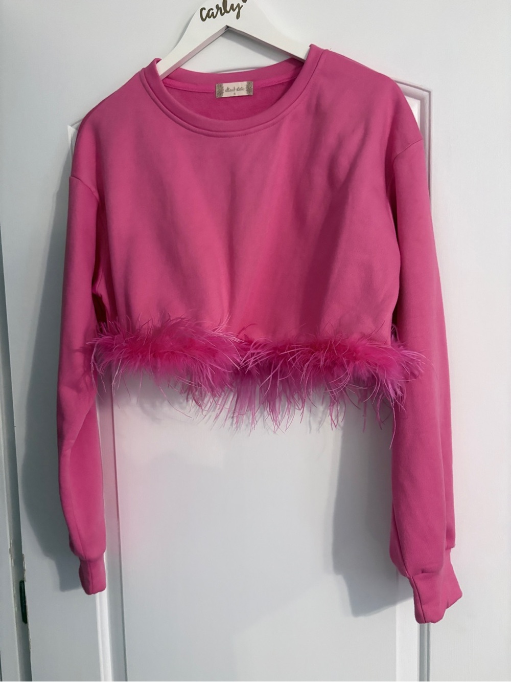 Altar'd State Hot Pink Feather-Trim Cropped Sweatshirt